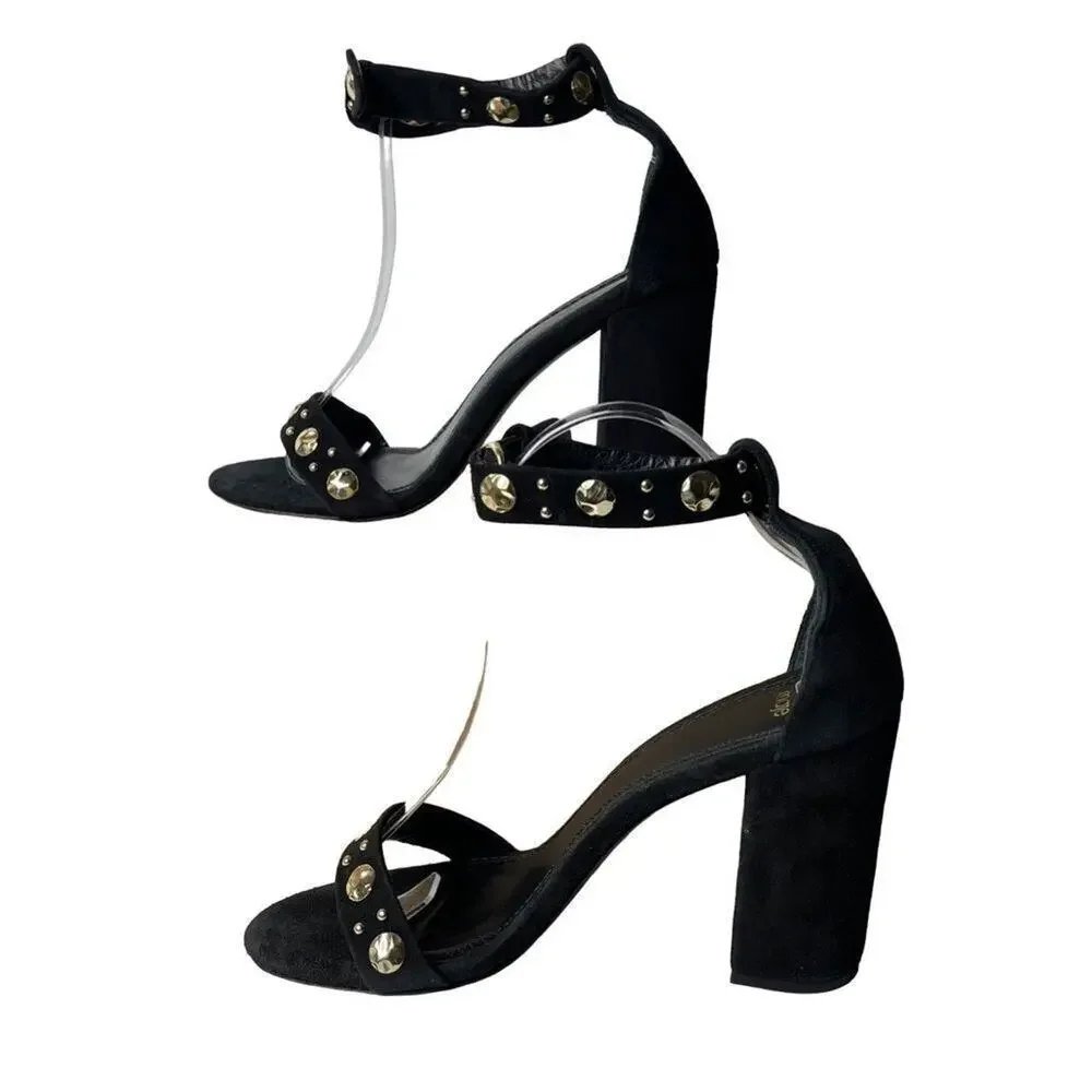Maje Womens Studded Suede Black Gold Block Heels Sandals Size EU 39 US 8.5-‎ 9
